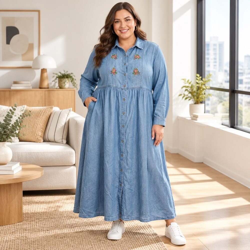 Hunters Run Denim Dress Size 4 Blue Floral Embroidered Long Sleeve